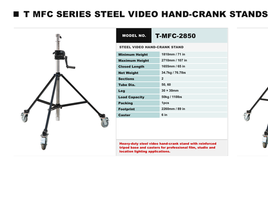 TMFC Series Steel Crank-Up Film Stand with 40kg Load Capacity 7.2m Max Height Heavy-Duty Construction การก่อสร้างที่หนัก